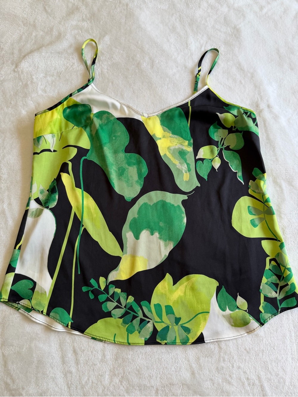 White House Black Market Black Camisole with Green Leaf Print